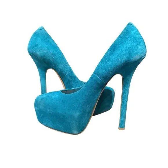 Steve Madden Ultra High Dejavu Teal Pump Heels Women’s Size 6.5M Suede - Picture 2 of 5